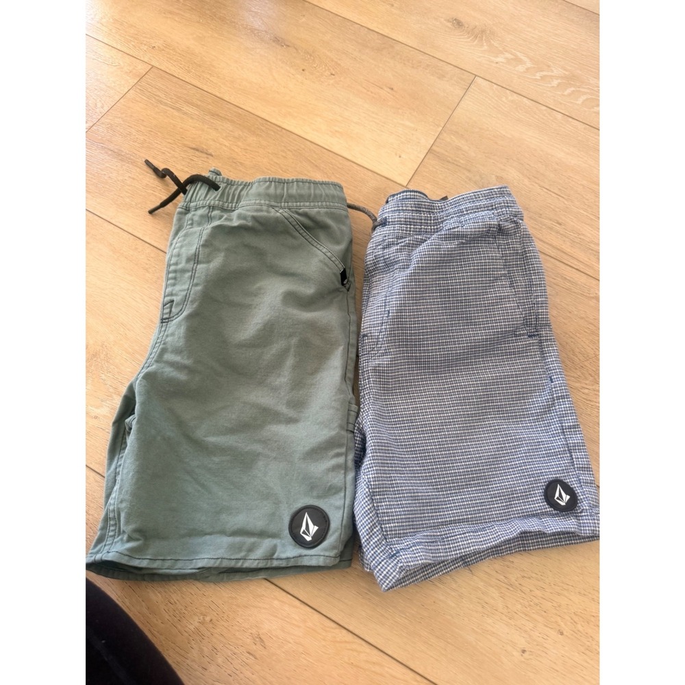 Volcom Boys Shorts Bundle Sage Green Blue Check Elastic Waist Size L 12Y#156